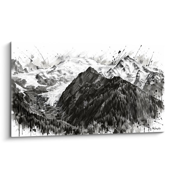 Massive Rocky Black and White Painting with Ink Splashes - Dark Coniferous Forest - Mont Blanc Edition Auvergne-Rhône-Alpes France