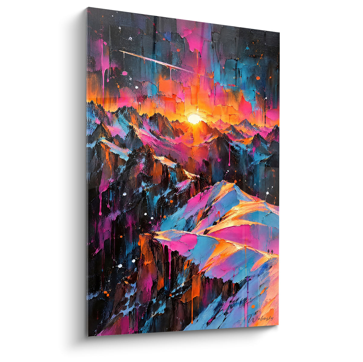 Quadro creste del Monte Bianco in fulvo e blu elettrico, alba incandescente sulla roccia dipinta a spatola.