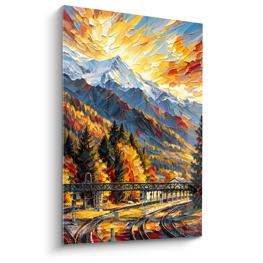 Tableau Sommet enneigé aux voies ferrées dorées - Lumière d'automne alpin - Edition Mont Blanc  Auvergne-Rhône-Alpes France