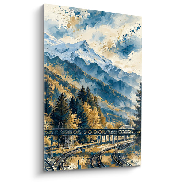 Gemälde Bergbahnhof mit goldenen Gleisen - Abfahrt zu den Gipfeln - Edition Mont Blanc Auvergne-Rhône-Alpes Frankreich