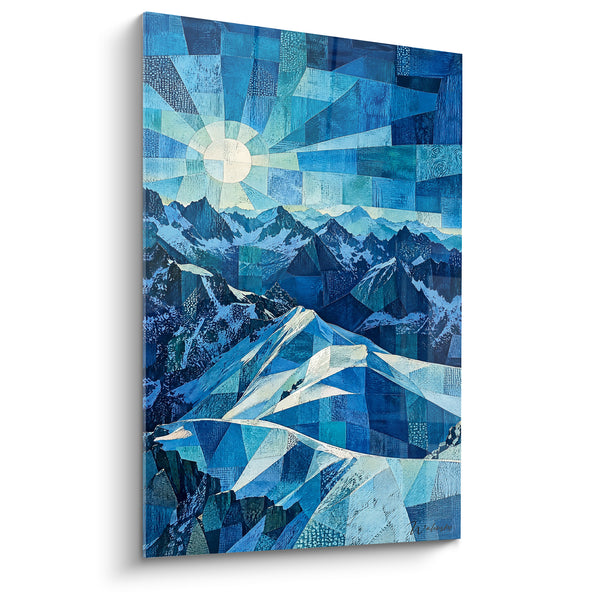 Schilderij Zonnestraal ivoorachtig schitterend op blauwe, gelaagde toppen - Geometrische stralen in waaier - Editie Mont Blanc Auvergne-Rhône-Alpes Frankrijk