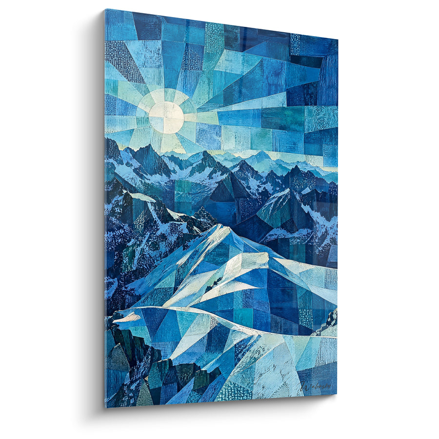 Tableau Soleil ivoire éclatant sur sommets bleus facettés - Rayons géométriques en éventail - Edition Mont Blanc  Auvergne-Rhône-Alpes France