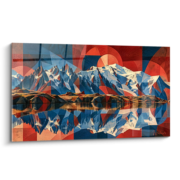 Tableau Massif enneigé rouge et bleu géométrique au disque solaire - Reflet du lac miroitant - Edition Mont Blanc  Auvergne-Rhône-Alpes France