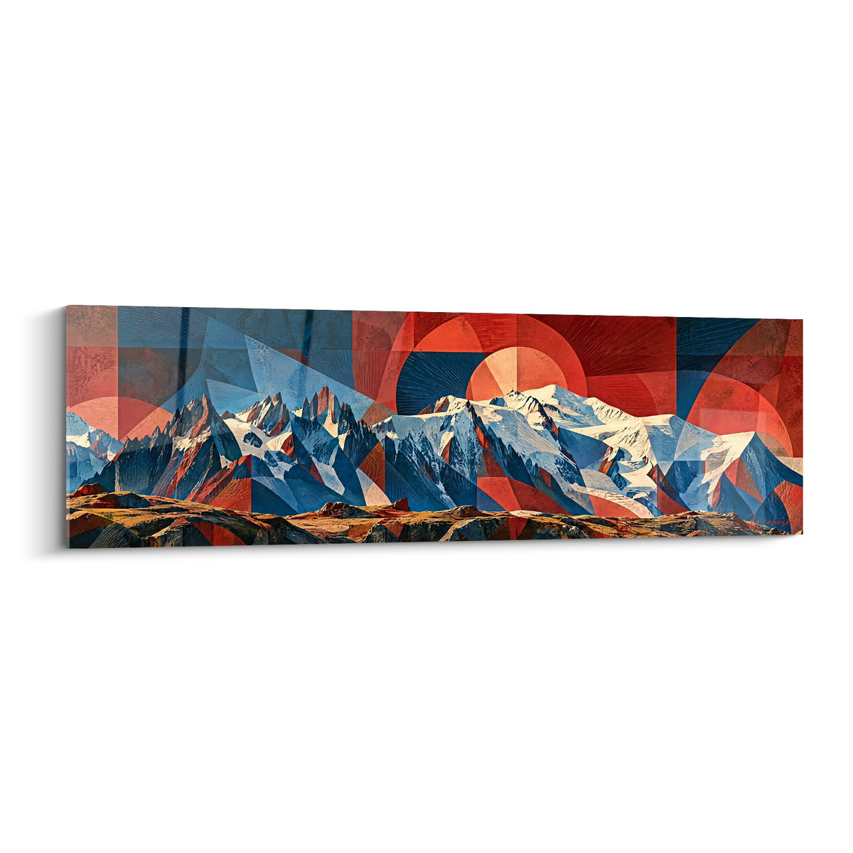 Sommets enneigés du Mont Blanc fragmentés en blocs rouge brique et bleu marine géométriques