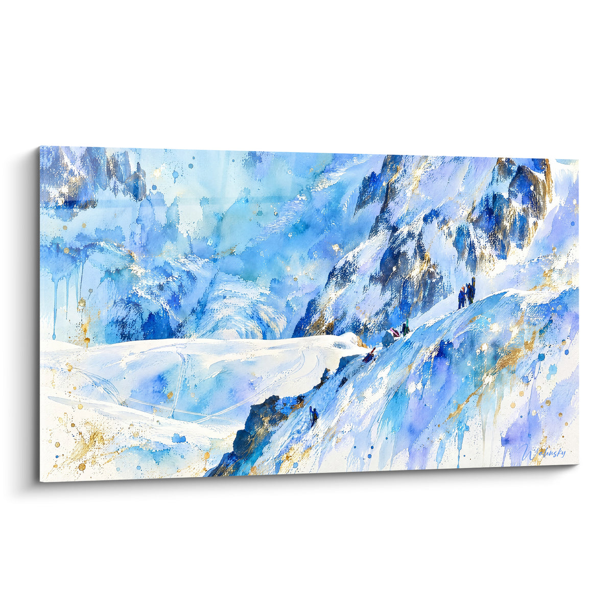 Glacier du Mont Blanc en aquarelle bleu et doré, cordée d'alpinistes gravissant la pente enneigée