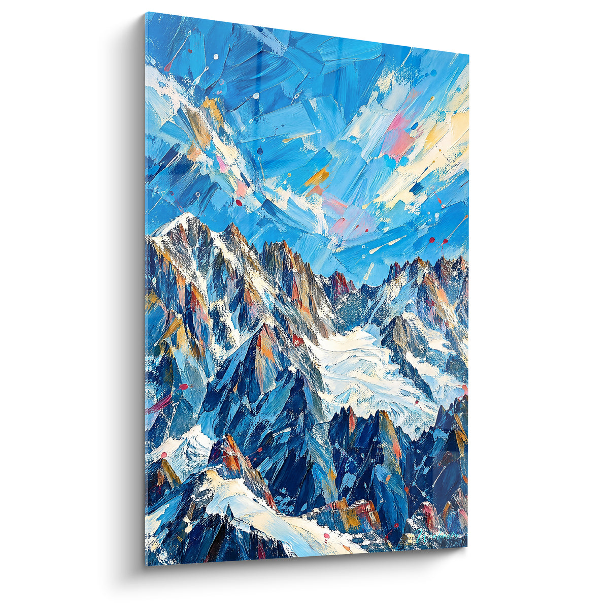 Gemälde Mont-Blanc-Massiv in Marineblau und Weiß, strukturierte Gletscher und goldene Gipfel unter strahlendem Himmel