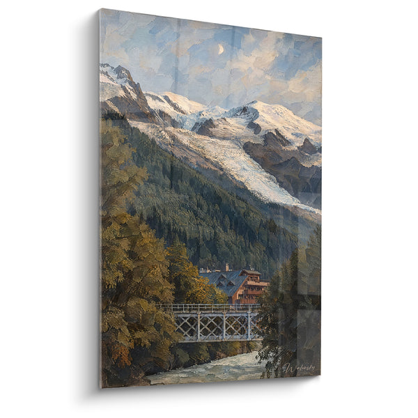 Gemälde Gletscher und Chalet mit Eisenbrücke - Gletscherwache - Edition Mont Blanc Auvergne-Rhône-Alpes Frankreich