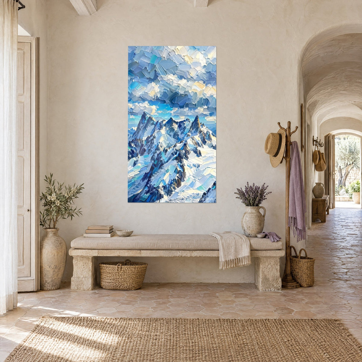 Cuadro de agujas de hielo bajo un cielo de nubes azul pálido y marfil, empastes visibles, masía provenzal en vista de tres cuartos