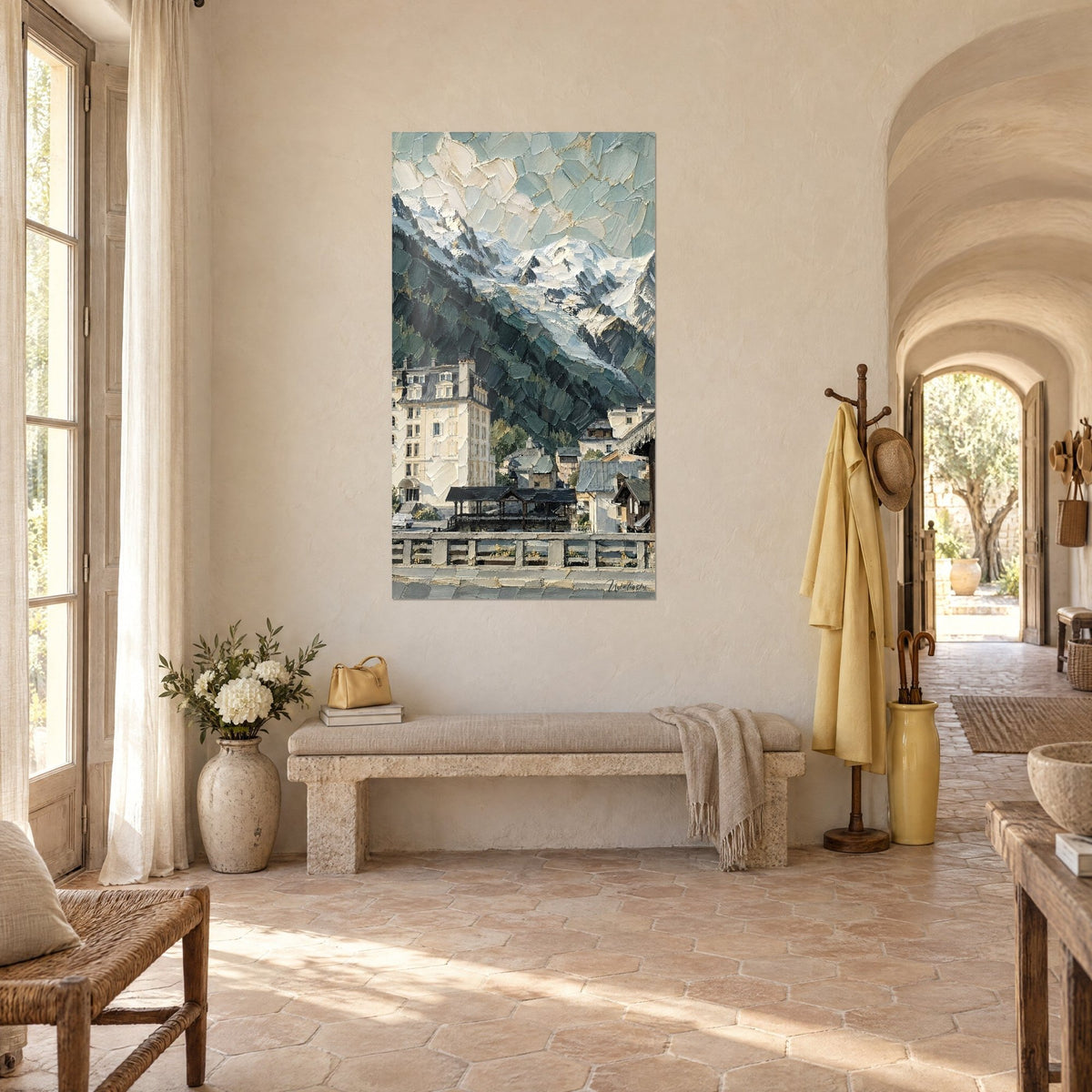 Wall art Savoyard chalets in cream with grey slate roofs at the foot of a snowy massif, three-quarter view in a vaulted hallway of a farmhouse