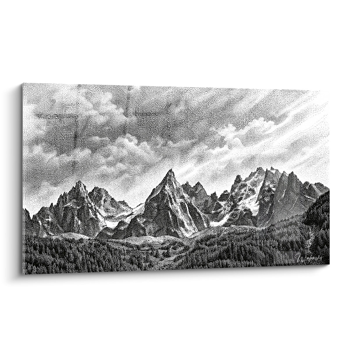 Gemälde Gipfel des Mont Blanc in Schwarz-Weiß-Gravur, dichter Wald und lichtdurchzogener Himmel.