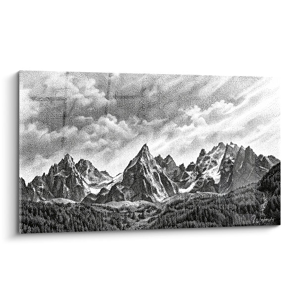 Gemälde Felsmassive in Schwarzweiß gestochen – Himmel durchbrochen von Licht – Edition Mont Blanc Auvergne-Rhône-Alpes Frankreich