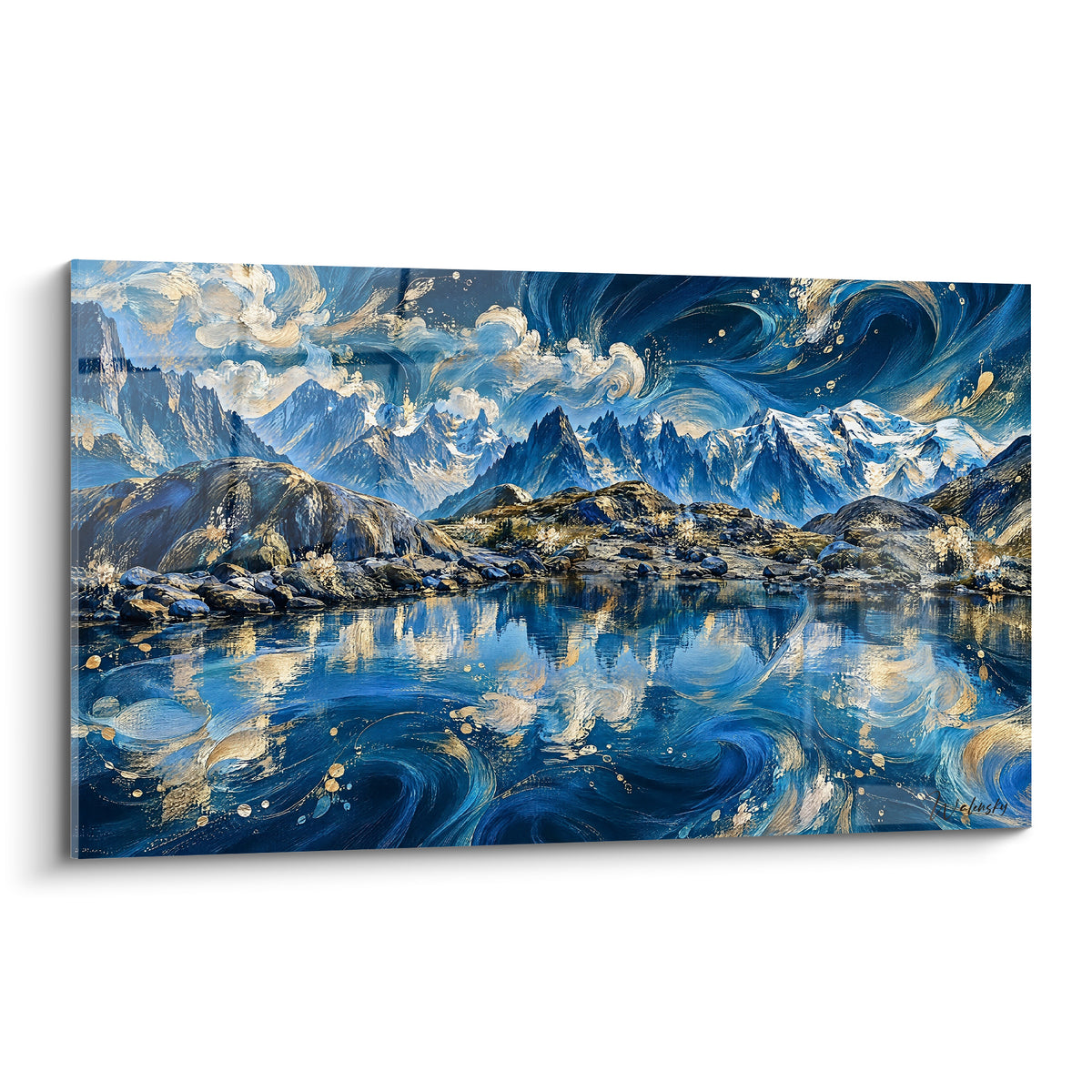 Gemälde eines Alpensees in Marineblau und Gold mit wirbelnden Reflexen, schneebedeckte Berge im Hintergrund