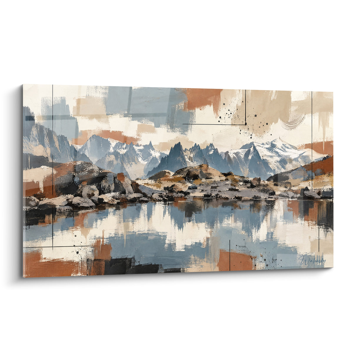 Wall art of the Mont Blanc massif painted in slate blue and terracotta, reflected in a still alpine lake