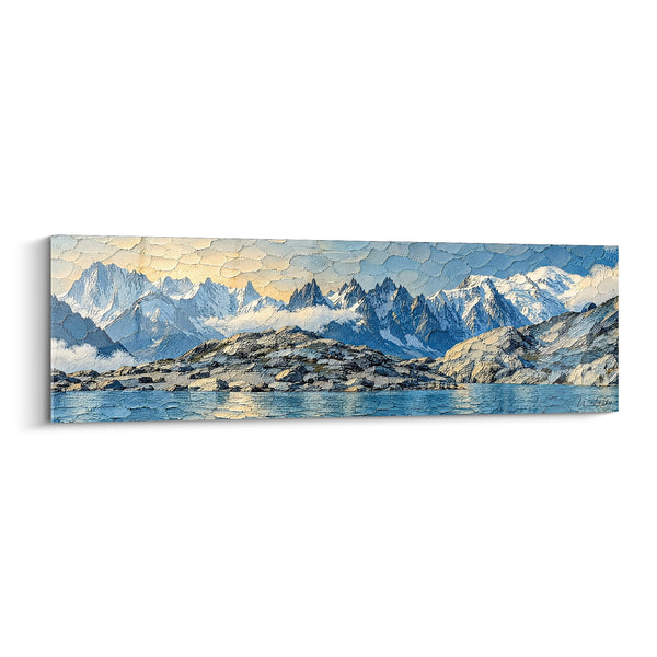 Gemälde Bergsee in Blau und Gold mit herausragenden Felsen - Goldene rissige Textur - Edition Mont Blanc Auvergne-Rhône-Alpes Frankreich