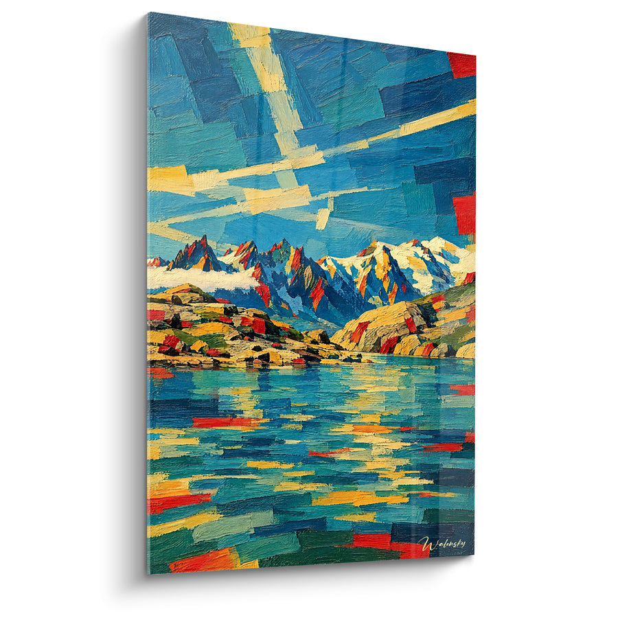 Tableau Lac alpin bleu et rouge aux rayons entrecroisés - Éclats de lumière croisés - Edition Mont Blanc  Auvergne-Rhône-Alpes France