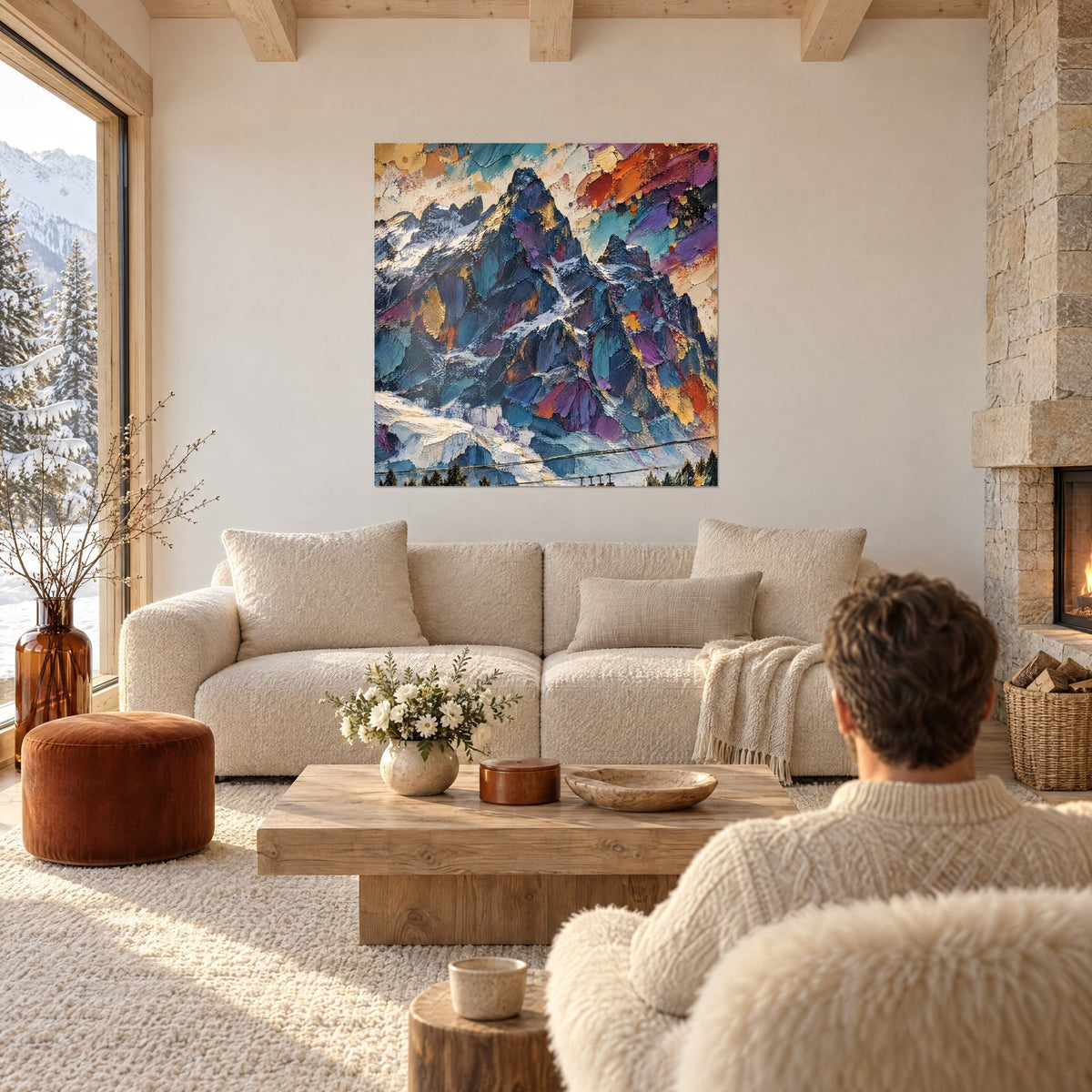 Schilderij met een massieve rotsformatie in nachtblauw en violet, verhoogde gouden accenten, boven een bank in een lichte woonkamer