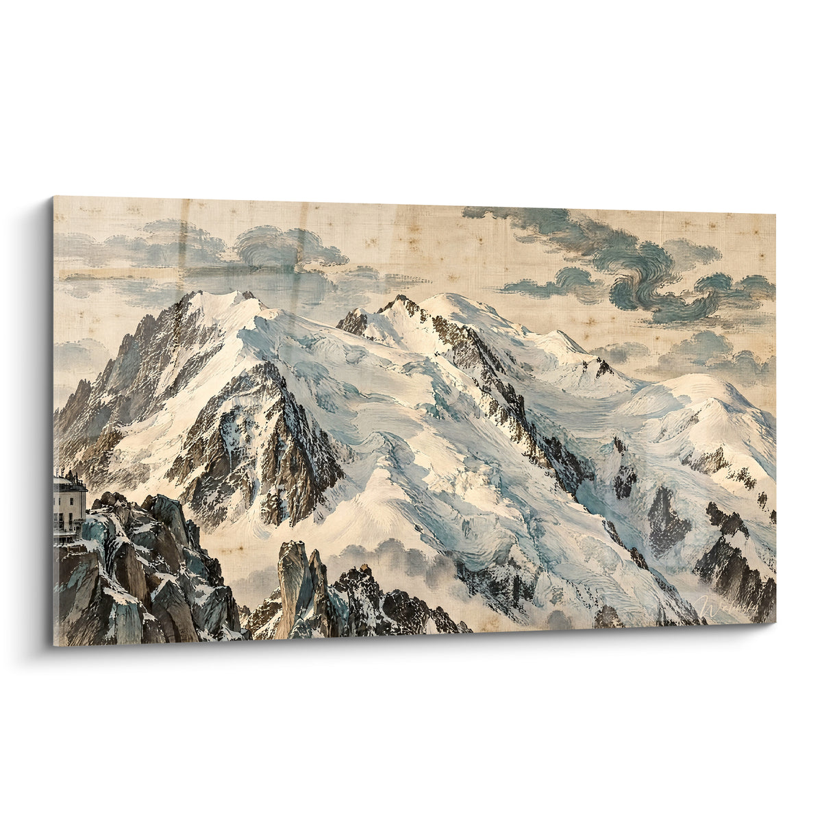 Wall art snowy Mont Blanc massif in beige and glacier blue tones, mountain refuge perched on the rocks
