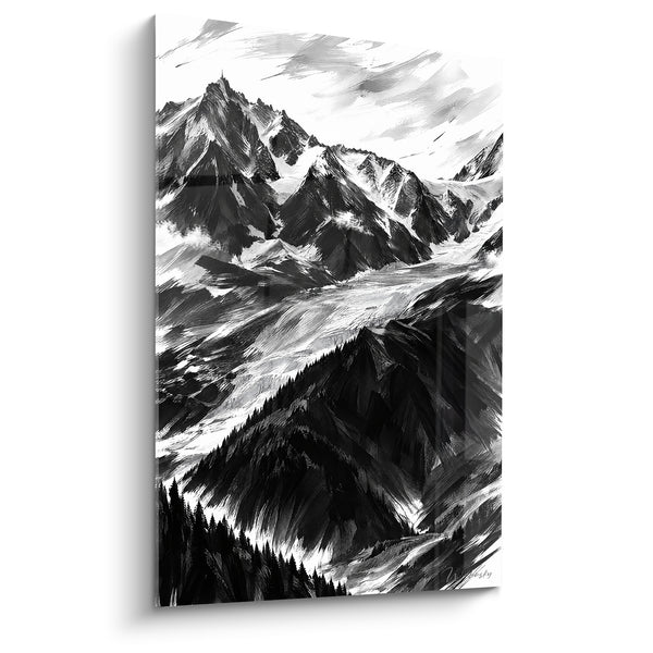 Tableau Glacier noir et blanc aux sapins escarpés - Vallée glaciaire sombre - Edition Mont Blanc  Auvergne-Rhône-Alpes France