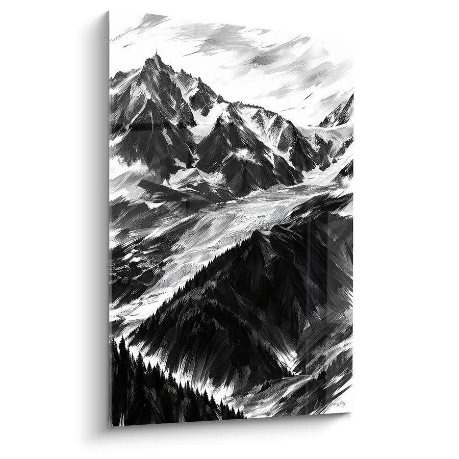 Πίνακας Glacier ασπρόμαυρος με απότομες ελατιές - Σκοτεινή παγετώδης κοιλάδα - Έκδοση Mont Blanc Auvergne-Rhône-Alpes Γαλλία