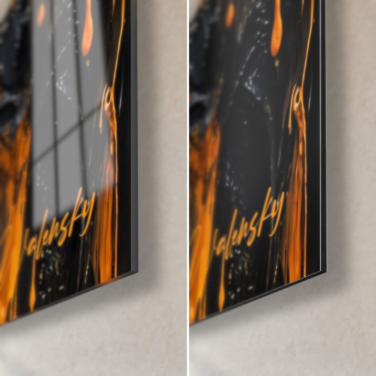 Gemälde Berghütte in dicker orangefarbener und schwarzer Pastellmalerei, unten rechts: glänzendes Acrylglas links, mattes Dibond rechts