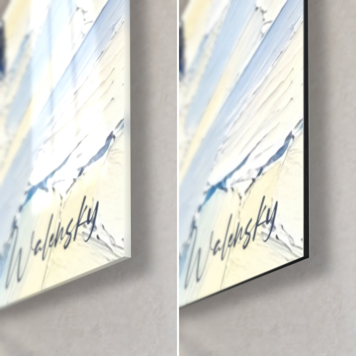 Cuadro Aiguilles du Mont Blanc, esquina inferior derecha: cristal acrílico brillante a la izquierda, Dibond de aluminio negro mate a la derecha, canto de 3 mm