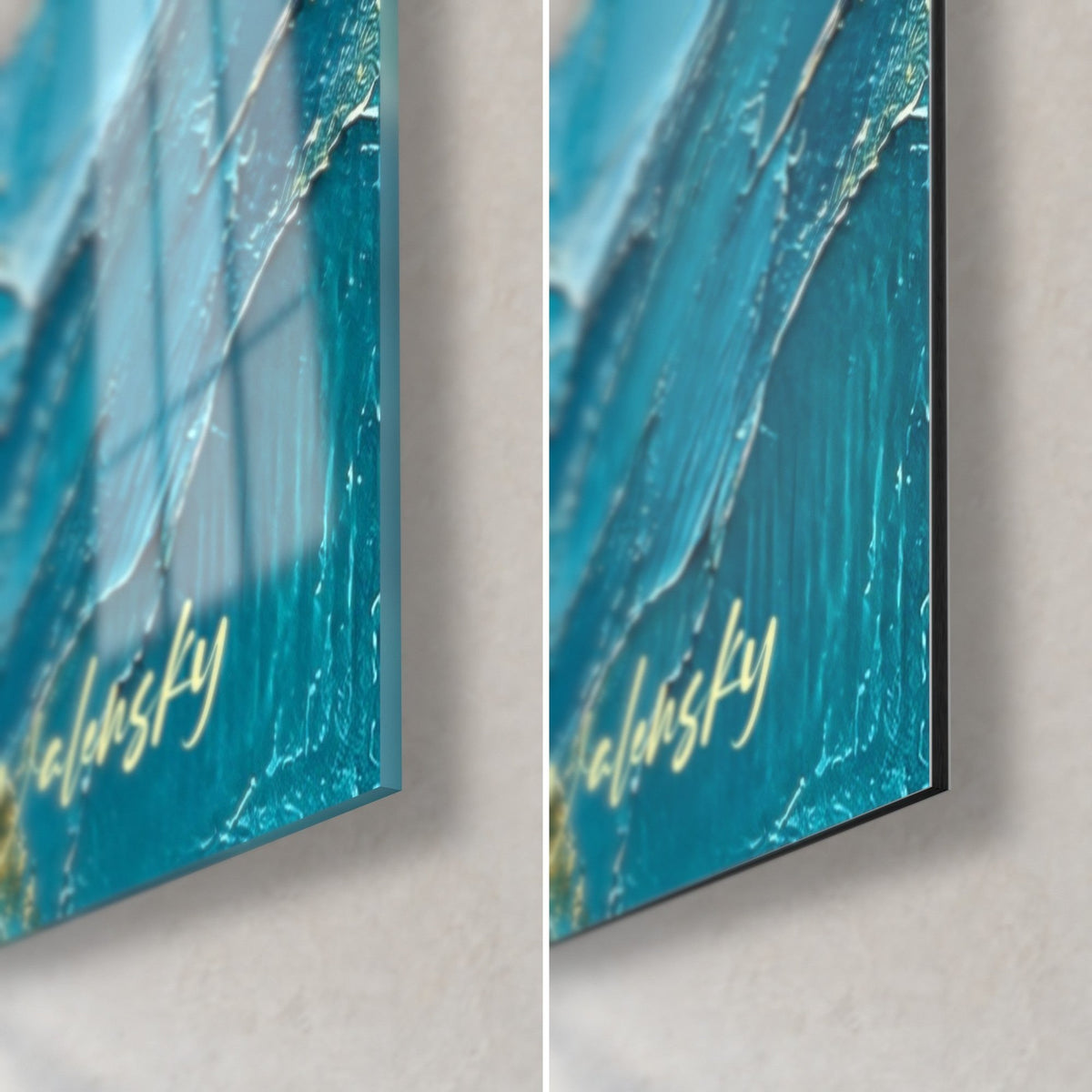Wall art of snowy peaks, glossy glass corner bottom right and matte Dibond aluminium, turquoise and gold impasto, gold signature, 3 mm edge