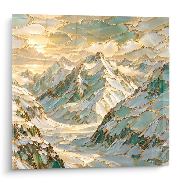 Tableau Glacier mosaïque turquoise et ivoire aux fissures dorées - Vallée de verre nacré - Edition Mont Blanc  Auvergne-Rhône-Alpes France