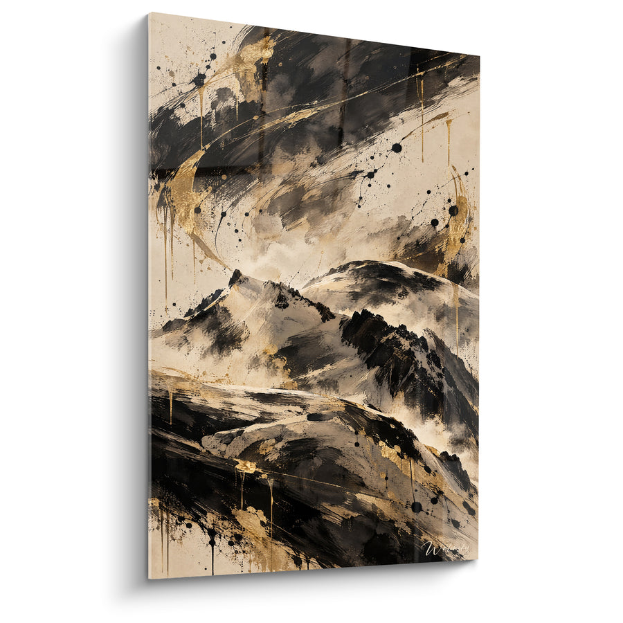 Tableau Massif rocheux noir et doré aux coulures d'encre - Tourmente picturale ocre - Edition Mont Blanc  Auvergne-Rhône-Alpes France