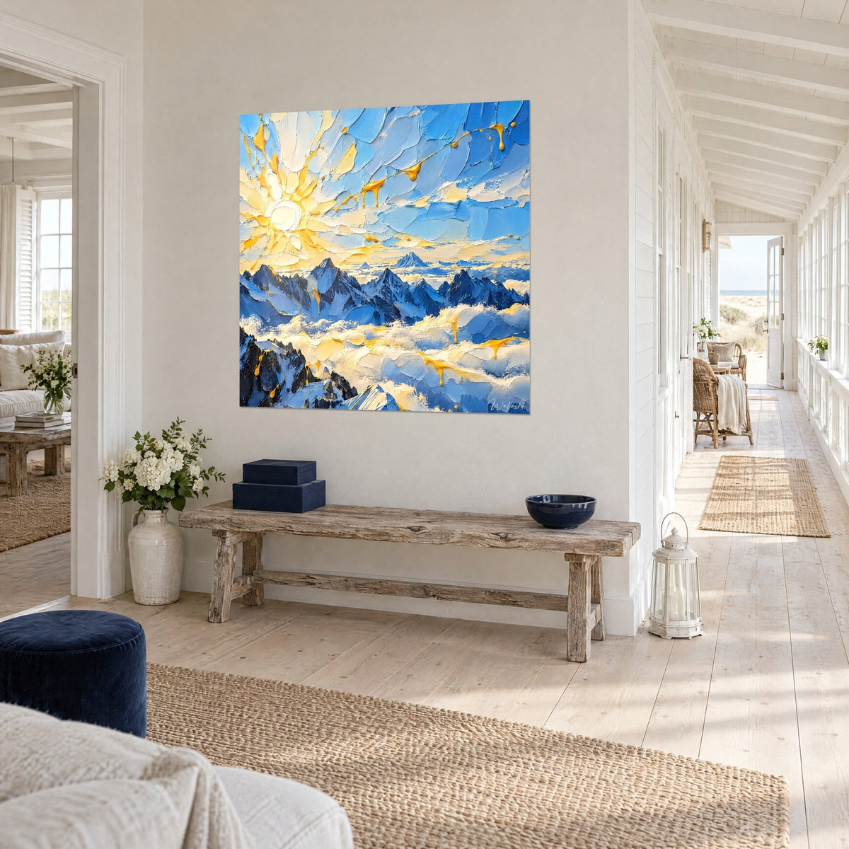 Wall art Radiant sun in creamy impasto over a sea of clouds, cobalt and ochre ridges, three-quarter view, bright hallway