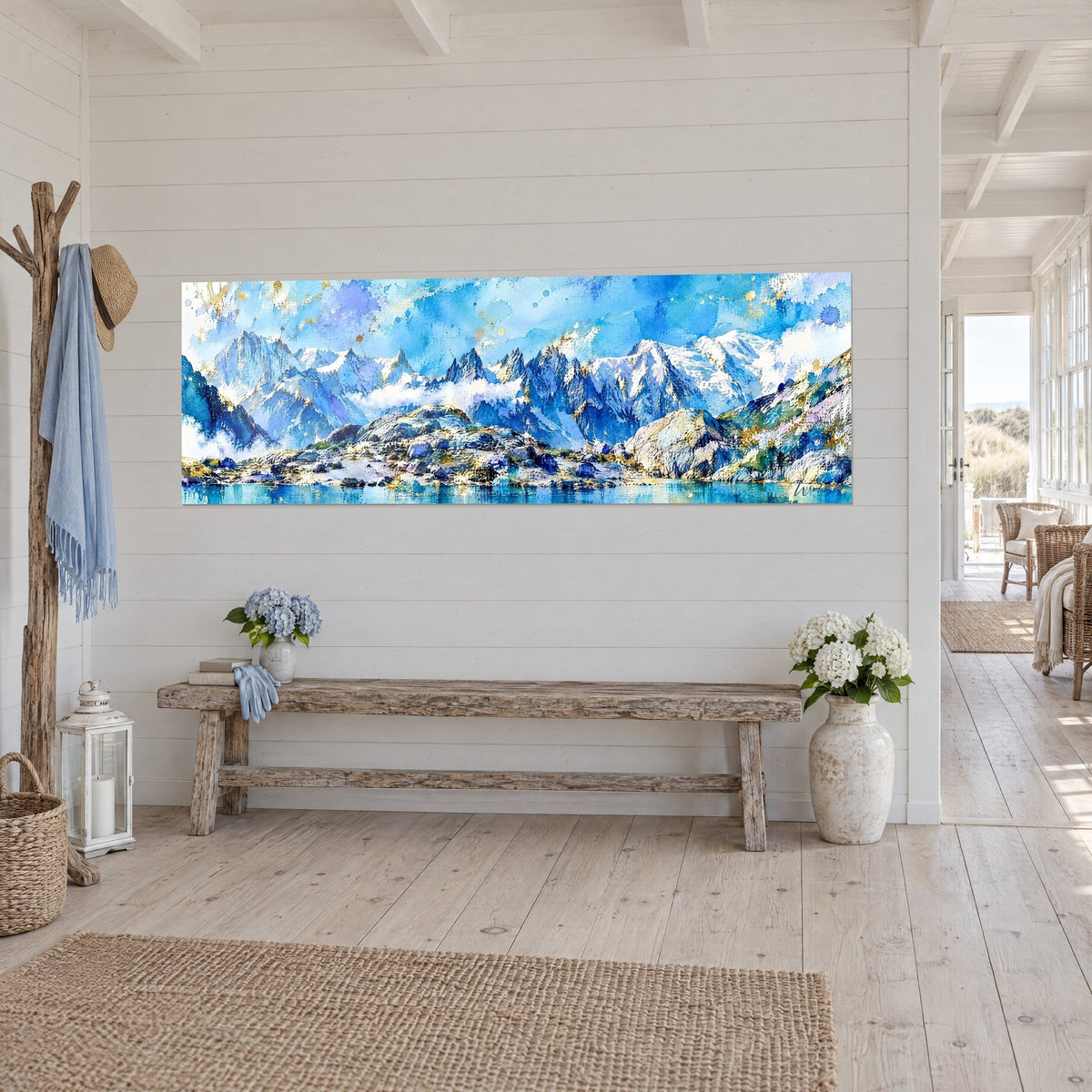 Wall art Mont Blanc range in watercolour, white peaks and azure sky, on a slatted wall, seaside house