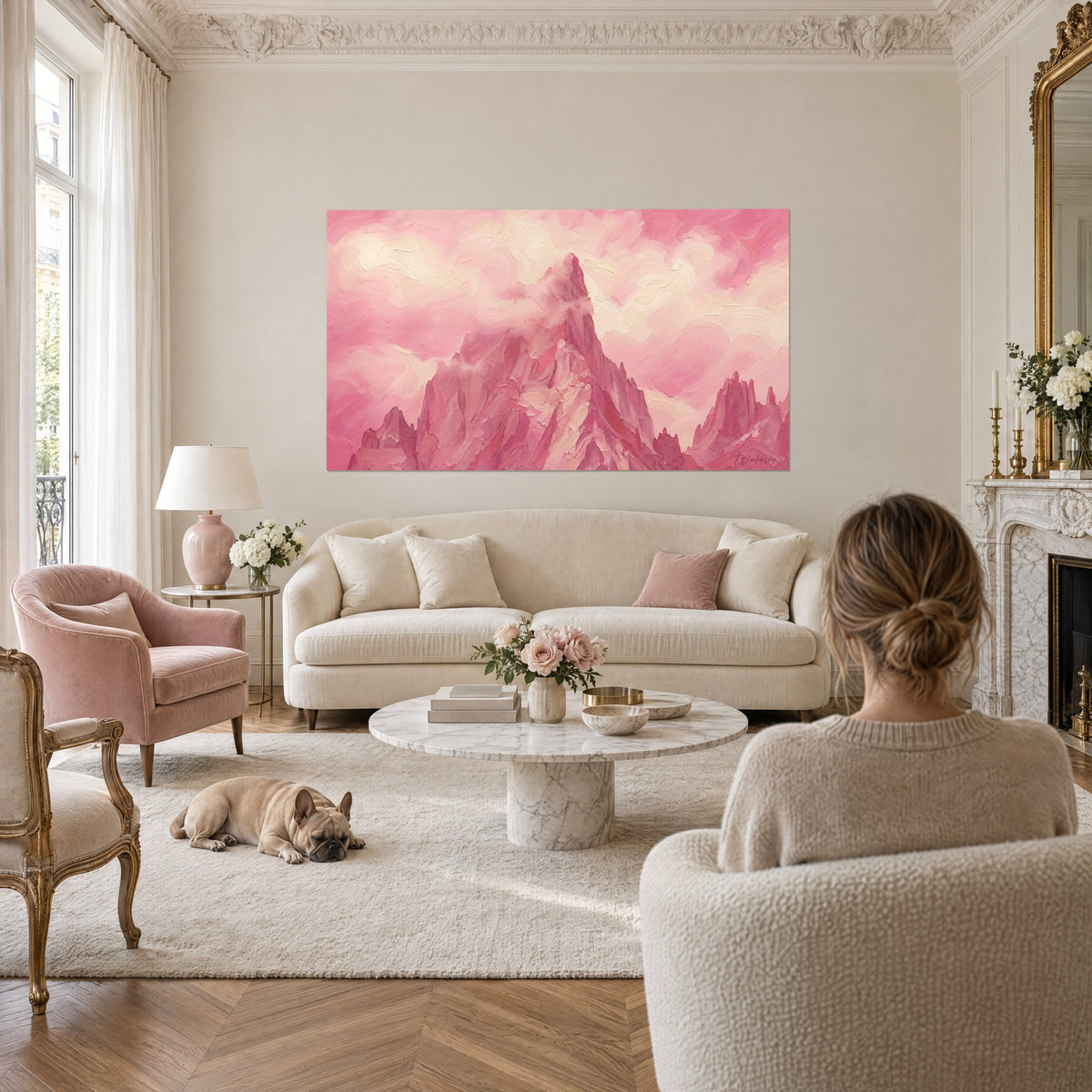 Quadro vetta rocciosa rosa cipria nella foschia, nuvole color crema dalla pasta densa, sopra un divano in un soggiorno luminoso