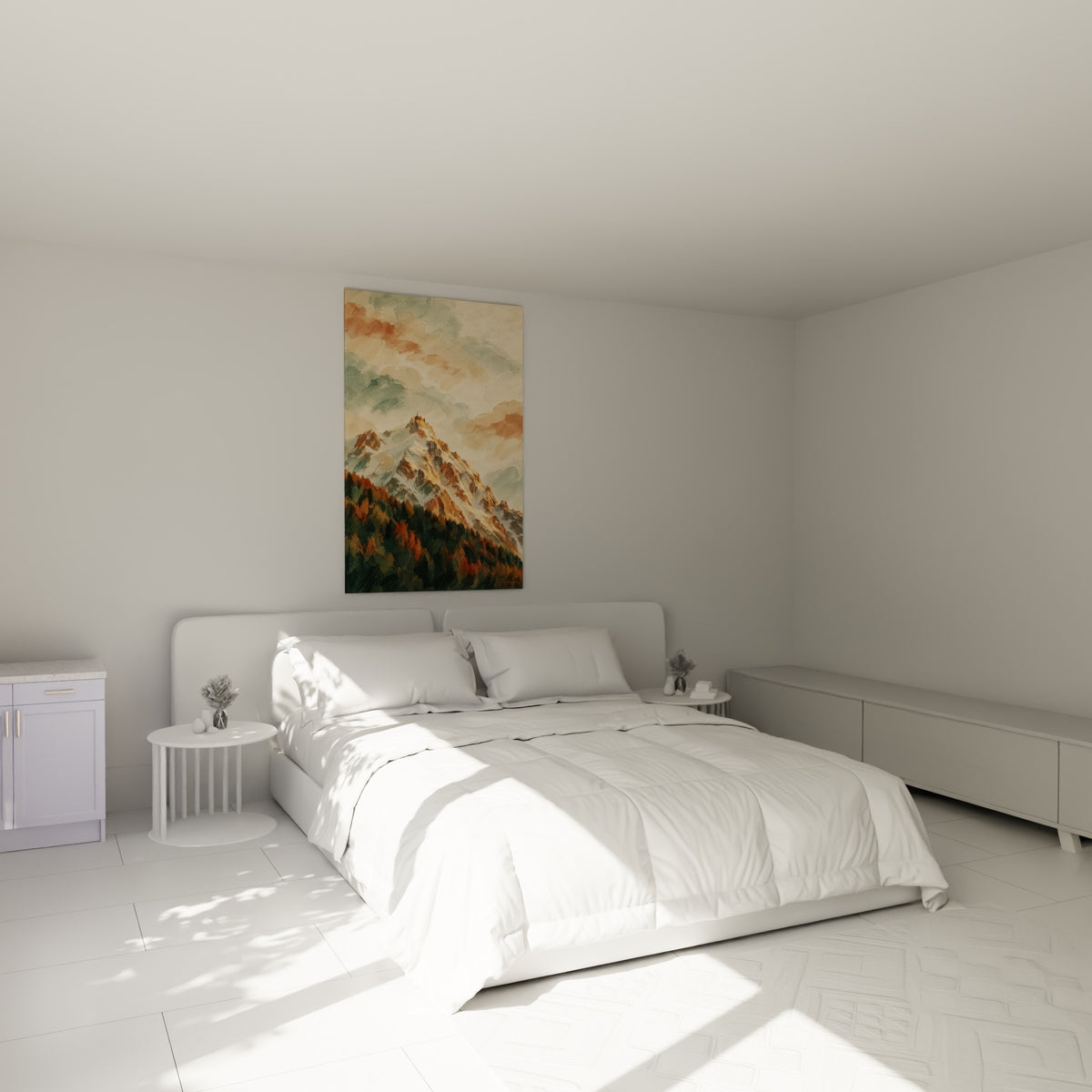 Wall art snow-capped peak with orange rocks and dark green fir trees under a pale pink sky, above a sofa in a bright living room
