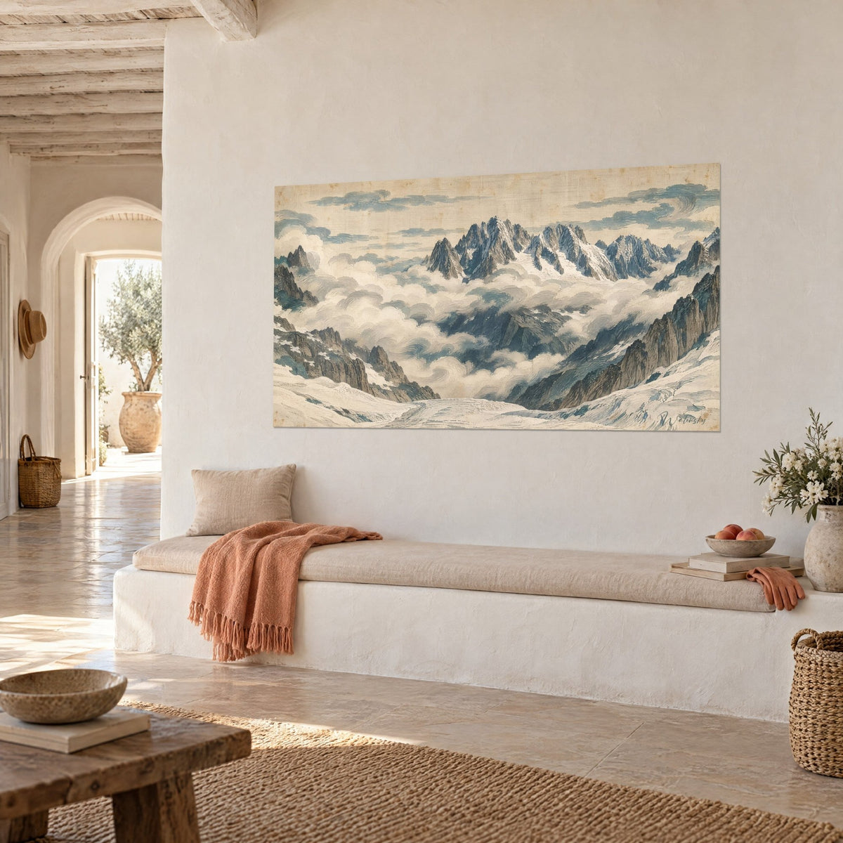 Wall art grey-blue snowy peaks rising from an ocean of cream mist, white wall, bench and orange throw in three-quarter view