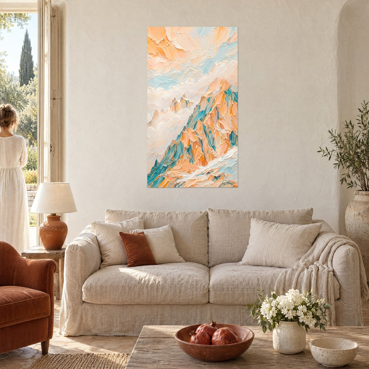 Wall art orange and turquoise rocky peak piercing the mist, thick impasto, above a sofa in a bright living room