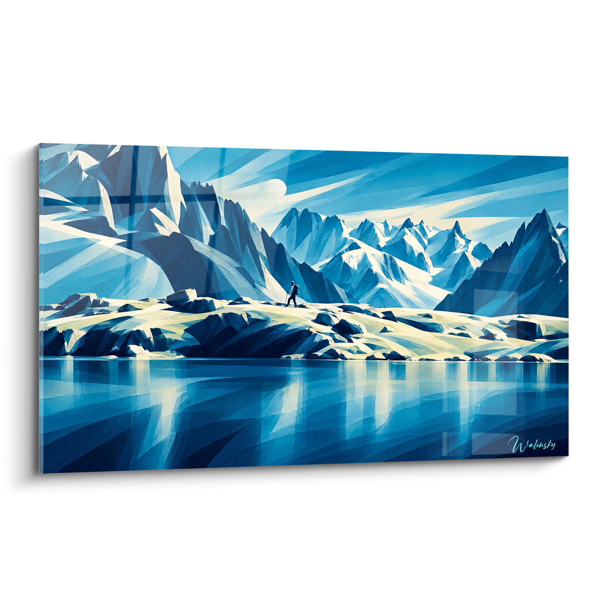Gemälde eines einsamen Wanderers auf einem felsigen Grat in Blau und Weiß, stilisiertes Mont-Blanc-Massiv, See als Spiegelung