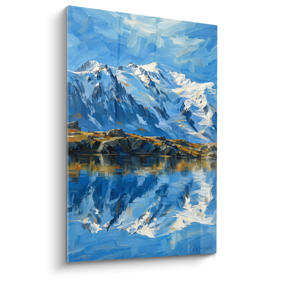 Tableau Lac de montagne bleu et blanc aux berges rocailleuses - Reflet miroitant des cimes - Edition Mont Blanc  Auvergne-Rhône-Alpes France
