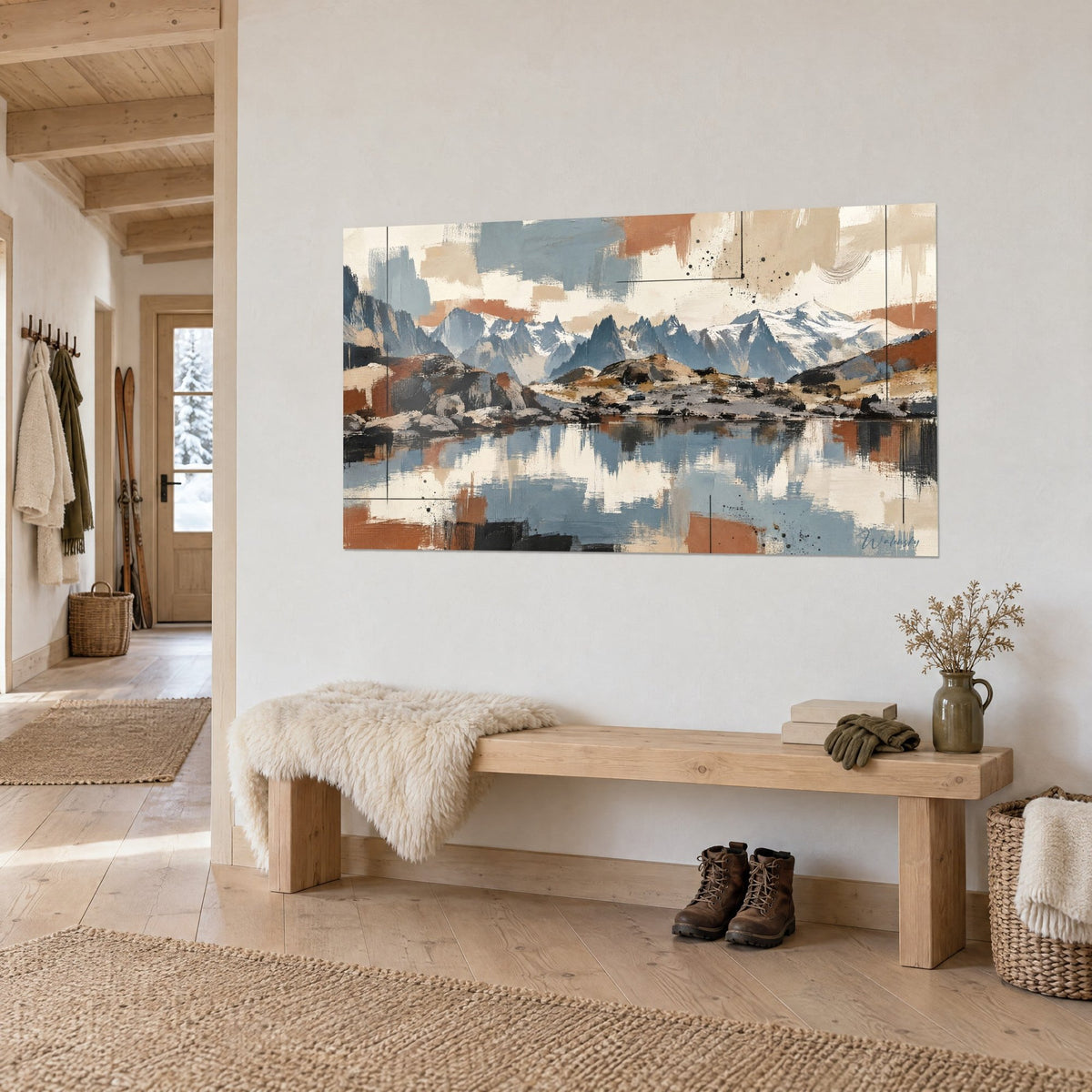 Wall art of grey-blue rocky peaks and a mirror-still lake with terracotta accents, wooden bench and sheepskin, three-quarter view