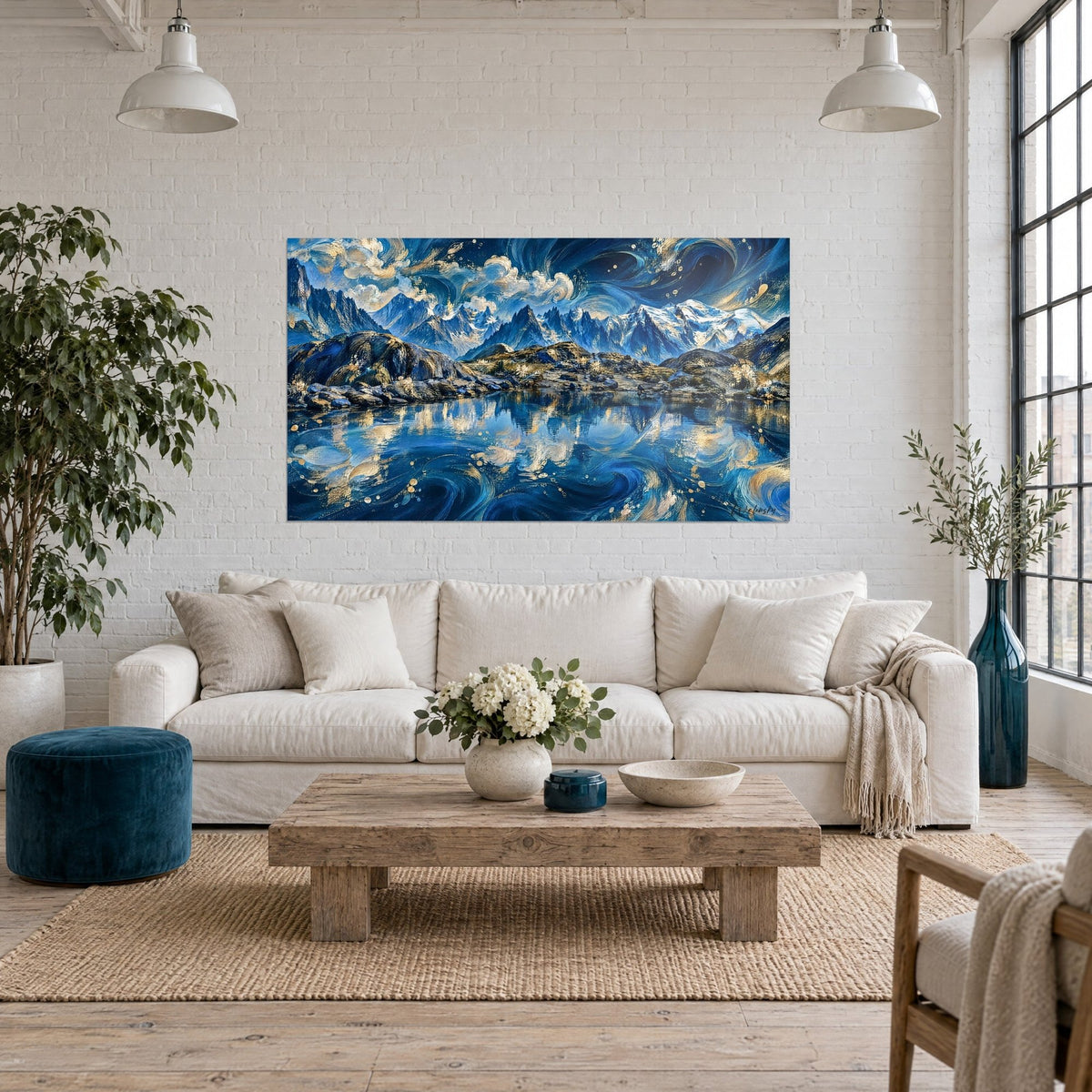 Gemälde Bergsee mit dunkelblauen und goldenen Strudeln, schneebedeckte Gipfel spiegeln sich im Wasser, über einem Sofa in einem hellen Wohnzimmer