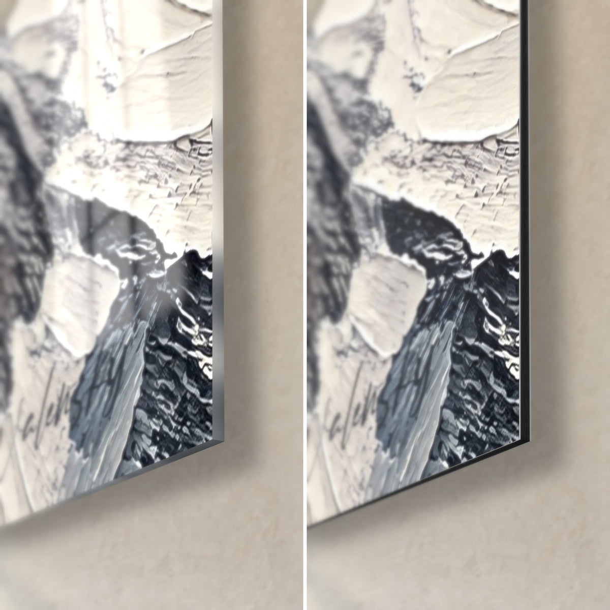Cuadro cumbres heladas en empastes gris pizarra y blanco, esquina inferior derecha: cristal acrílico brillante y aluminio Dibond mate, canto de 3 mm