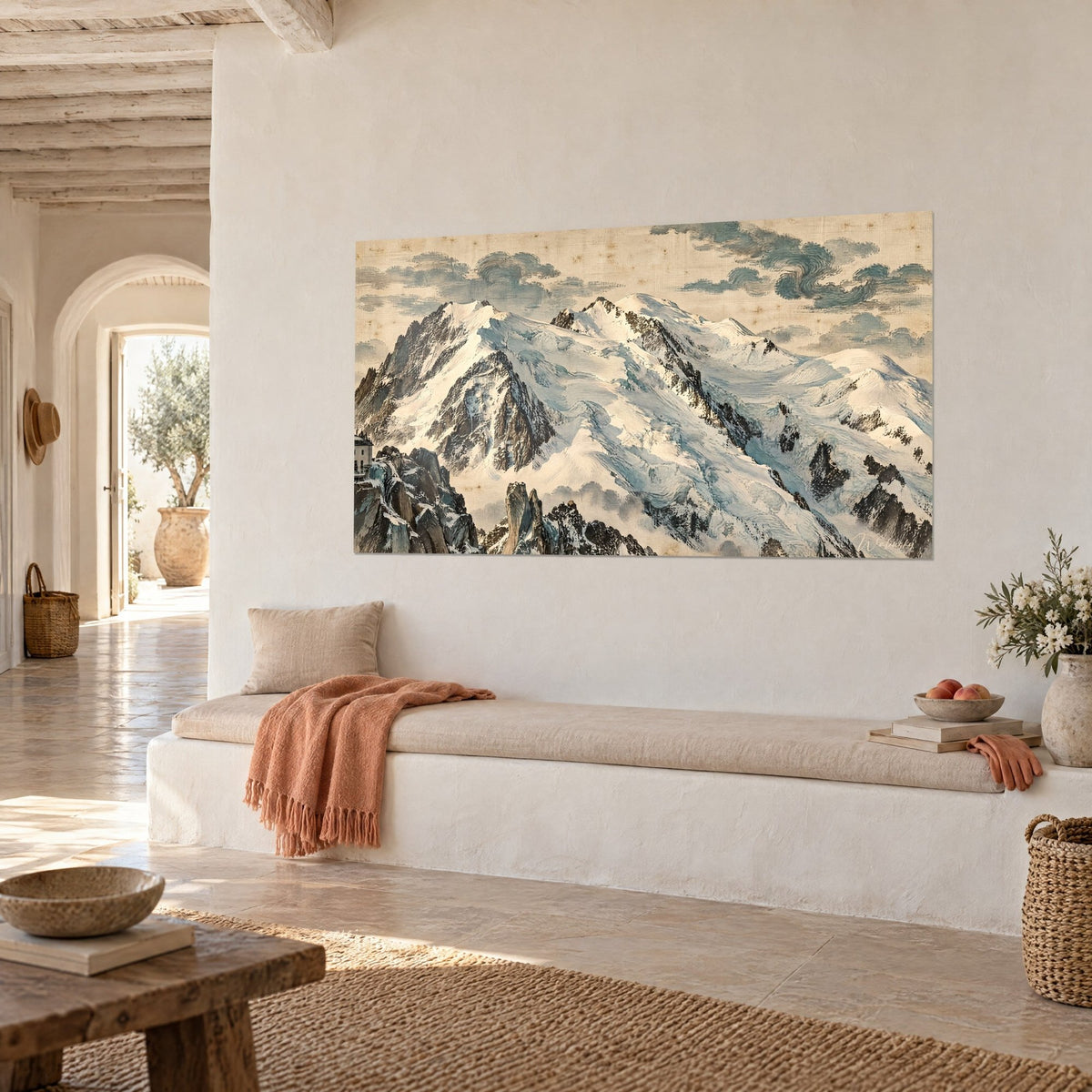 Wall art Mont Blanc glacier with grey ridges and bluish snow, white wall, bench and orange throw, three-quarter view