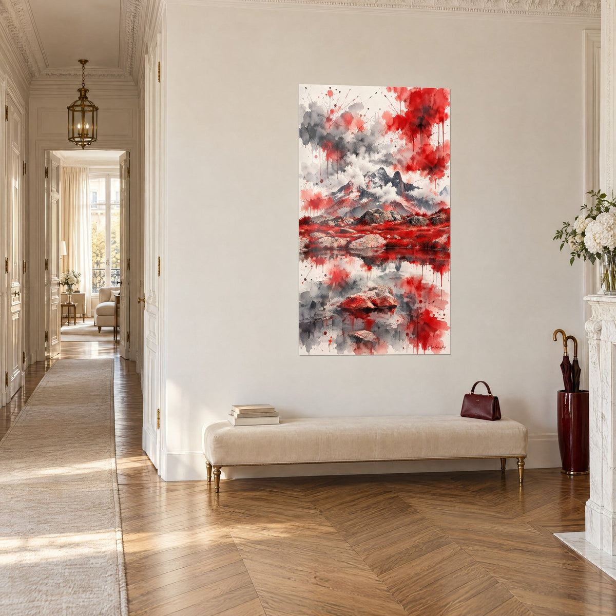 Wall art grey peaks under ink-dark clouds, scarlet grass and carmine drips, three-quarter view, parquet Haussmann-style hallway