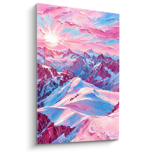 Gemälde Schneebedeckter Massiv in Rosa und Blau mit Sonnenscheibe - Panorama purpurroter Grate - Edition Mont Blanc Auvergne-Rhône-Alpes Frankreich