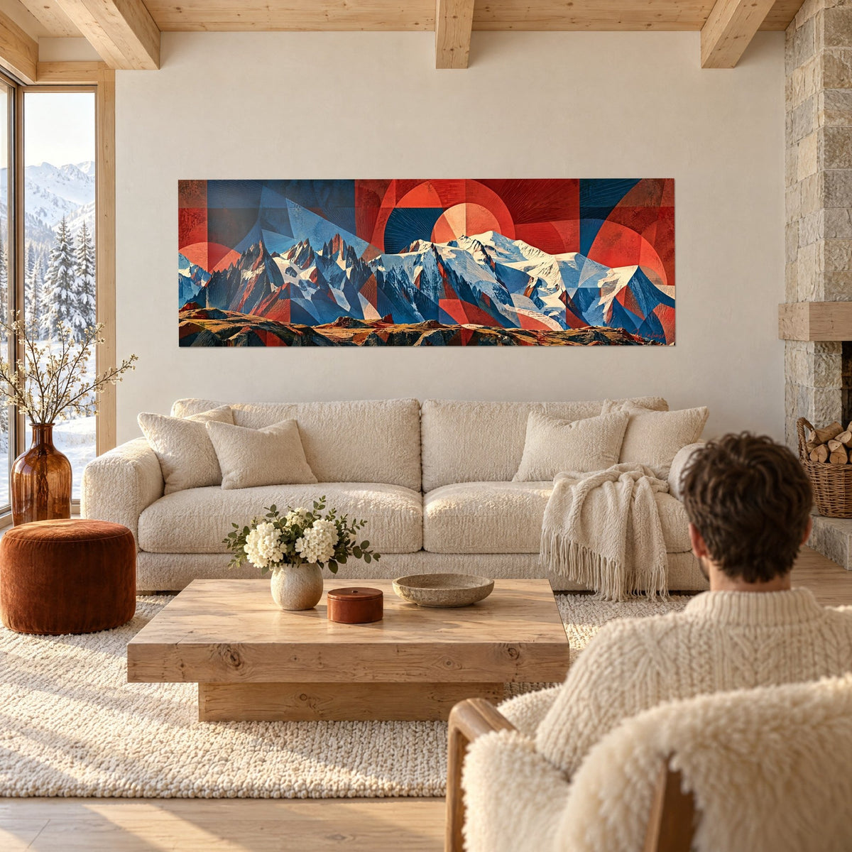 Wall art massive snowy mountain in faceted red and blue, orange sun, couple seen from behind, above a sofa in a bright living room