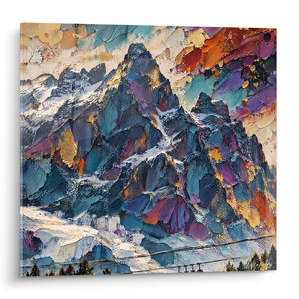 Schilderij Pik rotsachtig blauw en paars met hangende kabels - Bomen op de voorgrond - Editie Mont Blanc Auvergne-Rhône-Alpes Frankrijk