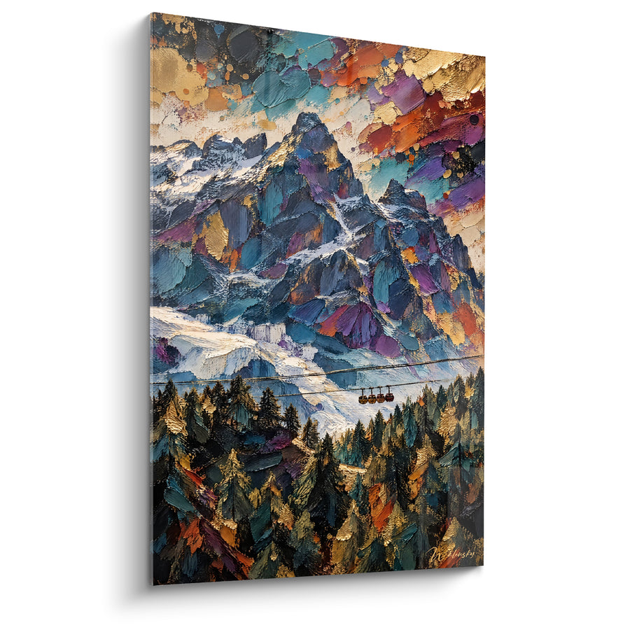 Tableau Téléphérique violet et doré survolant les sapins - Cabines suspendues en forêt - Edition Mont Blanc  Auvergne-Rhône-Alpes France