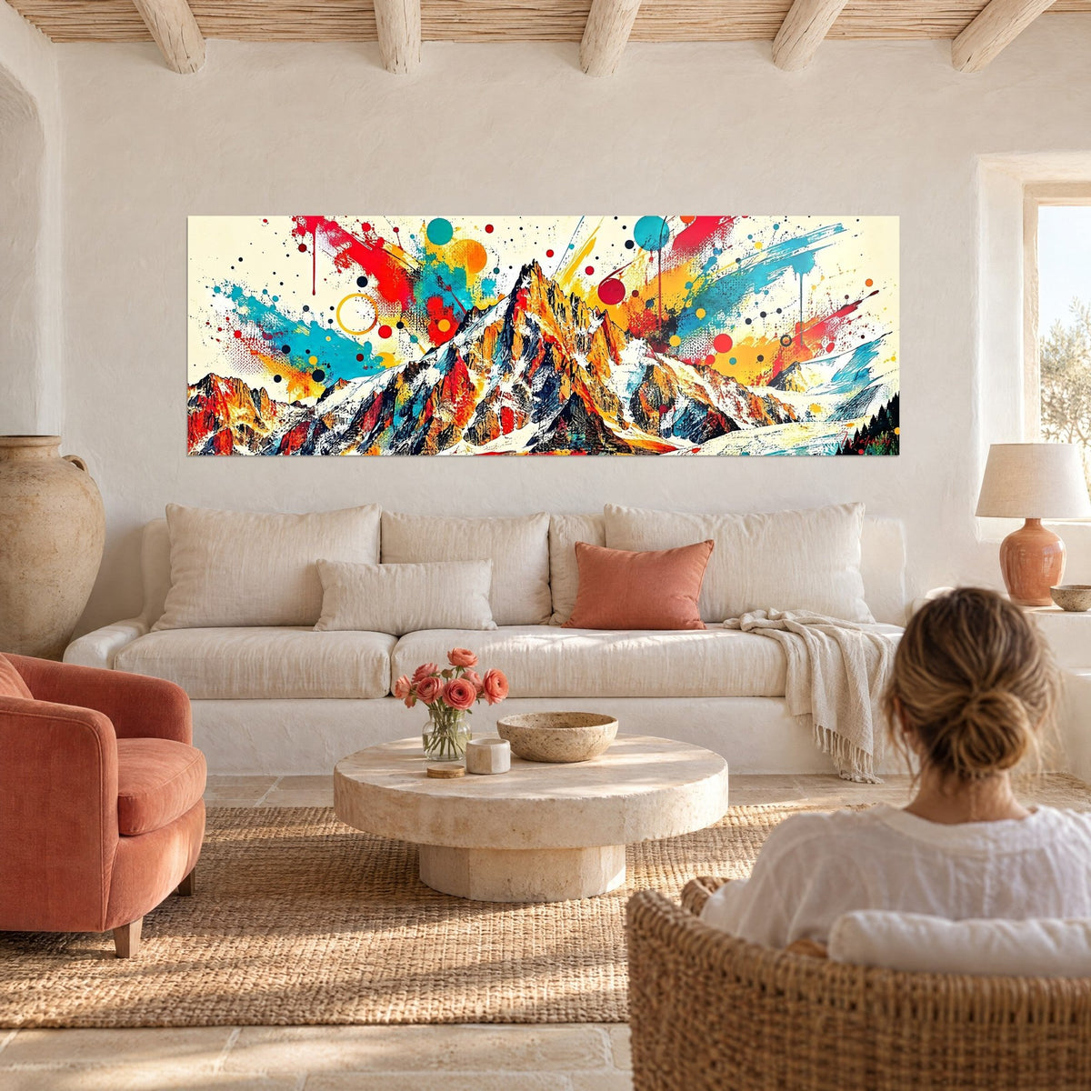 Gemälde Gipfel mit Schnee und roten und türkisfarbenen Spritzern, goldene Tupfer, über einem Sofa in einem hellen Wohnzimmer