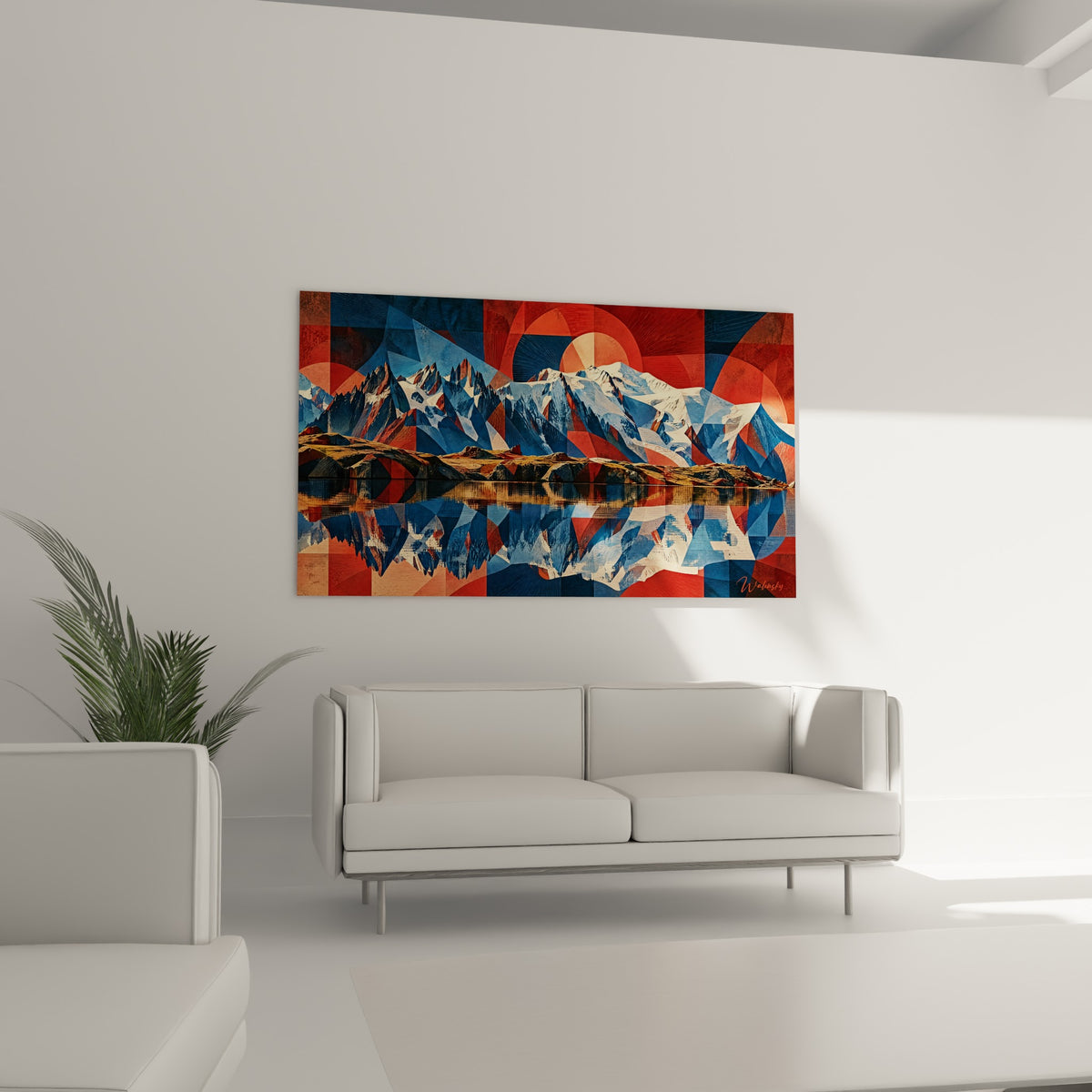 Crêtes alpines rouge et bleu marine surplombant un canapé, tableau Mont Blanc au-dessus d'un canapé dans un salon lumineux