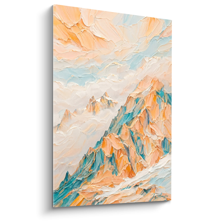 Tableau Arête rocheuse orange et bleu émergeant des nuages épais - Texture empâtée pastel - Edition Mont Blanc  Auvergne-Rhône-Alpes France