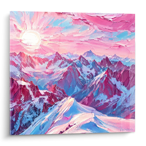 Snowy Peaks Painting in Pink and Blue Tones - Sunrise on the Summits - Mont Blanc Edition Auvergne-Rhône-Alpes France