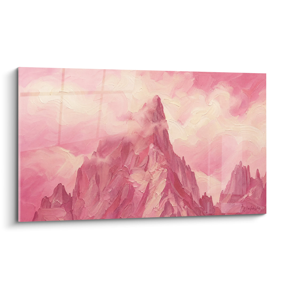 Quadro vetta del Monte Bianco dipinta in rosa cipria e bianco crema, texture a olio con spatola visibile